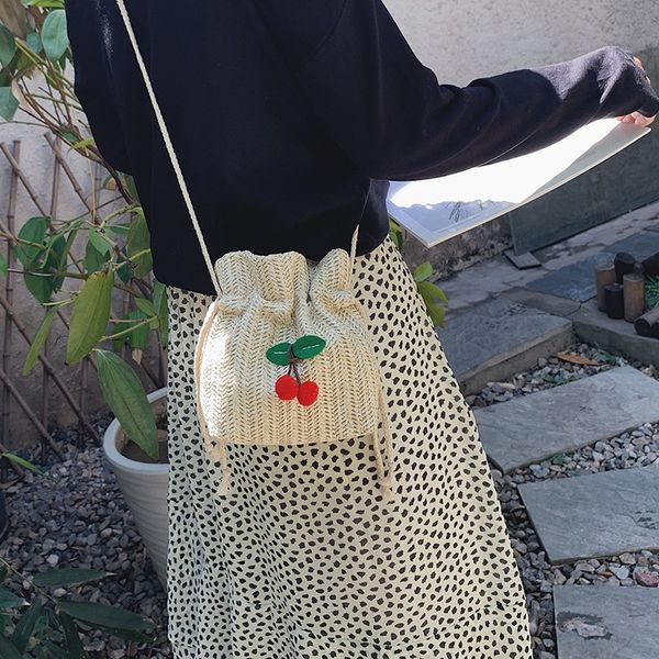 

straw bag ladies beach bag personality messenger drawstring cherry lady retro hand-woven fashion shoulder
