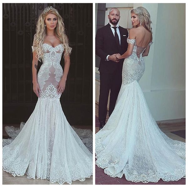 

2021 off shoulder lace appliques slim mermaid wedding dresses long slim formal bridal gowns lace up back vestidos de marriage customized, White