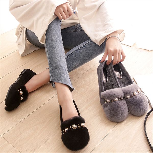 

plus size 43 loafers shoes woman pearls bead real fur plush warm moccasins platform slip ons ballet flats women oxfords, Black