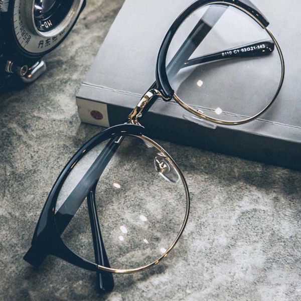 

newly 1 pcs vintage clear lens glasses half metal frame dustproof lightweight decoration glasses fif66, White;black