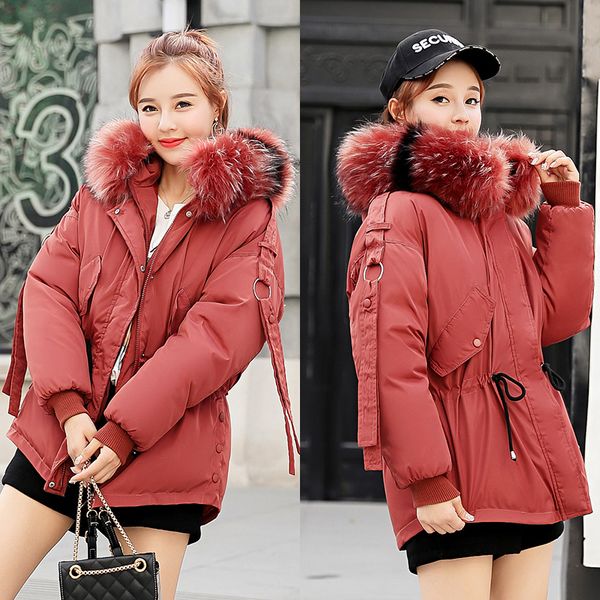 

2018 new thicken warm jacket coat winter parkas women casual big fur collar hooded outwear collect waist parka coat m-2xl, Black