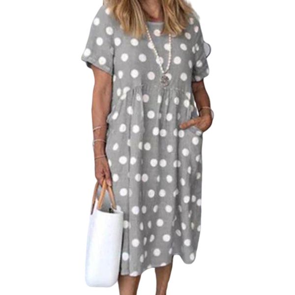 

vicabo pocket dresses summer o-neck casual loose vestidos female big dot printed dress ladies clothes, Black;gray