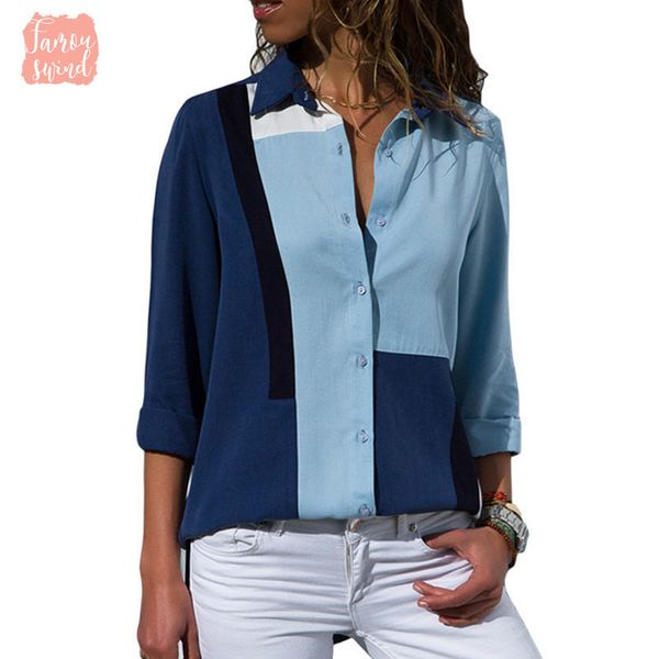 

shirt blouse casual patchwork woman office printed long sleeve turn down collar tunic autumn blusen women 2019, White