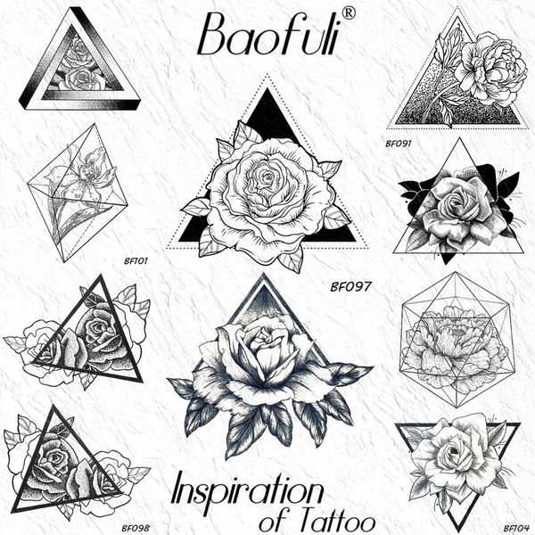 Acheter Tatouage Temporaire Géométrique Rose Triangle Autocollant Fleur De Pivoine Feuilles Noir Faux Tatoo Dessiner Body Art étanche Bras Tatouages