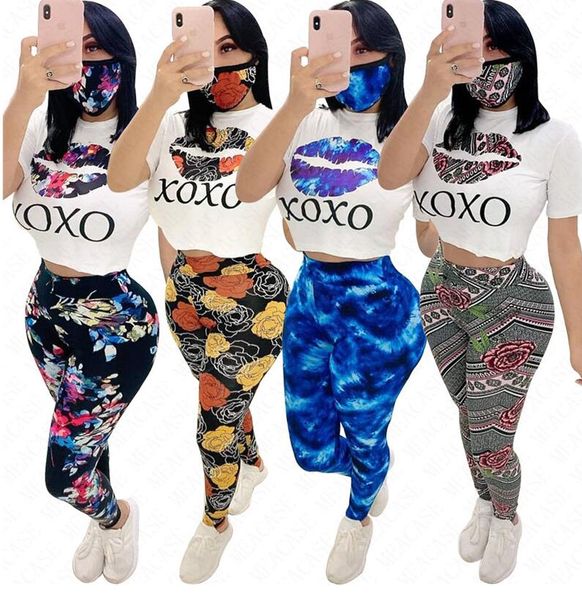 

женщины конструктор tracksuit губы цветок печать 3 шт набор одежды лето тенниска + леггинсы брюки + маска случайного наряда маски спортивной, White