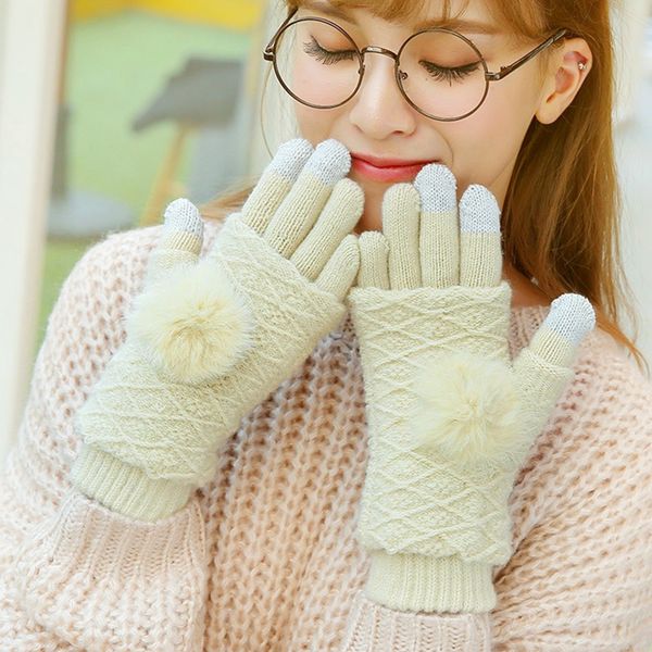 

detachable dual layer winter gloves womens warm pompoms fur ball fingerless glove touchscreen mittens knit wool gloves, Blue;gray