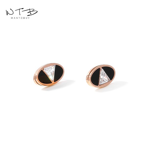 

wantobuy minimalist stainless steel jewelry rose gold color earrings black enamel shiny zircon stud earrings for women party, Golden;silver