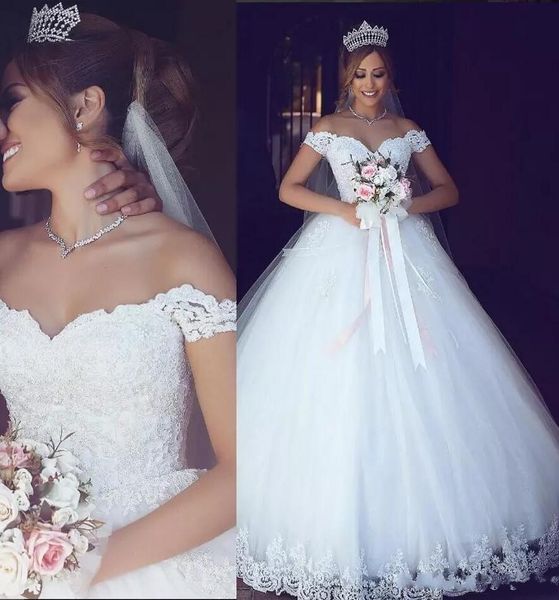 

Modest White Lace Arabic 2019 New Ball Gown Wedding Dresses Sweetheart Appliques Tulle Bridal Dresses Vintage Cheap A Line Wedding Gowns