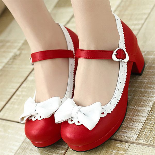 PXELENA Plus Size 34 43 Lolita Mary Janes Women High Heels Shoes Sweet Bowknot Ruffles Dress Party Wedding Shoes Bridal Princess Mens Boat Shoes Pxelena Sweet Bowtie Brides Slingbacks Sandals Peep Toe