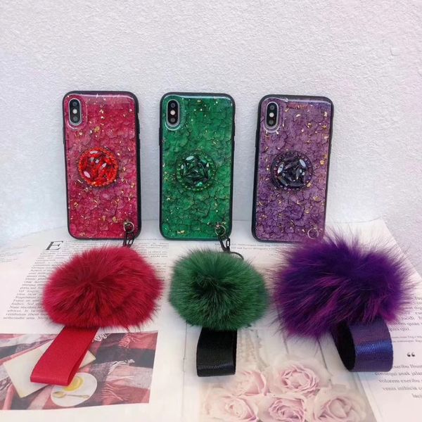 

note10pro glitter diy fur hair ball+crystal bracket+strap phone case for samsung s8 s9 s10 plus note 8 9 cover hot