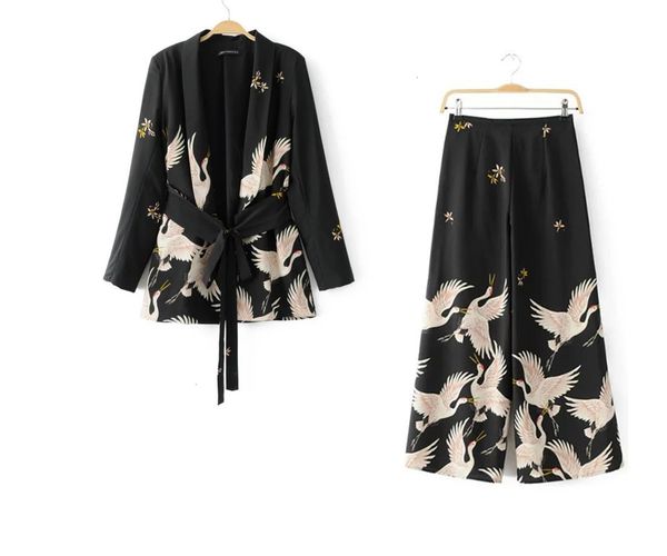 

2019 new women vintage clothing sets crane printed blazer wide leg pant female bird printed outfit pant suits, White
