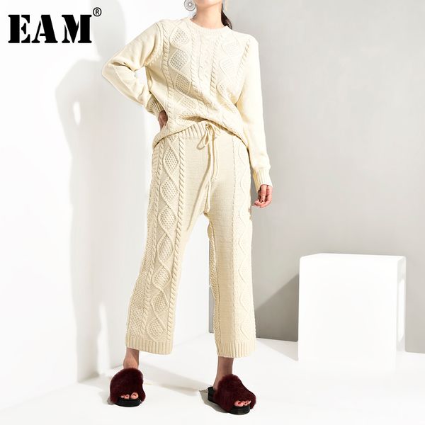 

eam] 2020 fashion new spring korean loose round necklong sleeve knitting + pants thickening two pieces sweater set as116, White