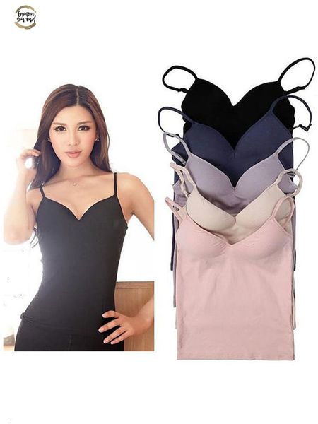 

new 2019 women's modal adjustable strap built in bra padded self mold bra tank cami vest, White