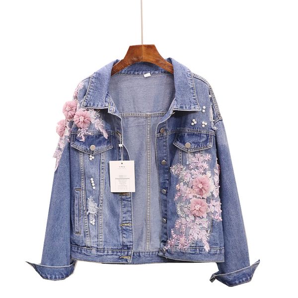

hip flowers applique embroidery denim jacket women spring autumn jean bomber jacket loose blue for woman, Black;brown