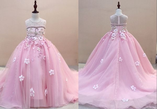 

beautiful pink flower girls dresses for wedding party pearls jewel sheer neck ball gown 3d floral flowers first communion dress, White;blue