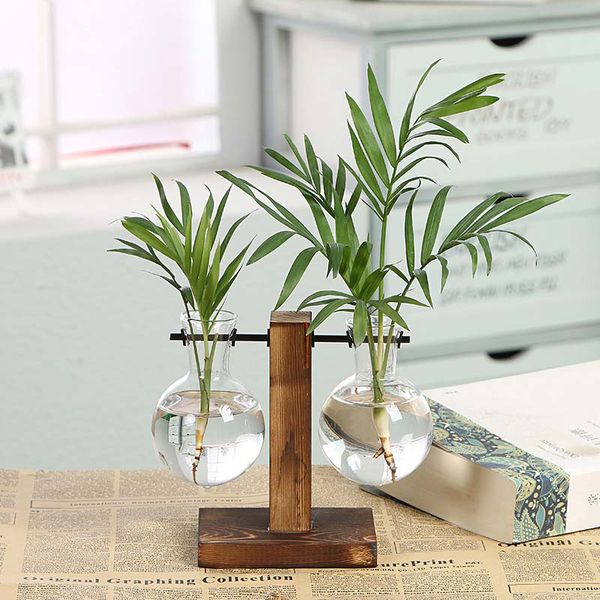 

creative hydroponic plant vases vintage flower pot transparent vase wooden frame glass tableplants home terrarium bonsai vase decor