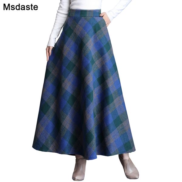 

high waist woolen skirts women winter 2019 fashion streewear wool long pleated skirt casual ladies saia longa plaid female skirt, Black;gray
