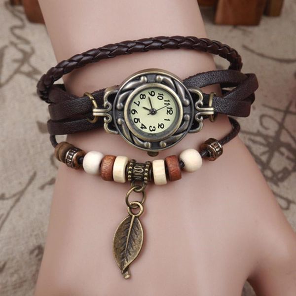 

retro quartz bracelet watch leaf pendant pu leather strap wrist watches bangle vintage weave wrap wristwatches women men knit watch hot, Blue