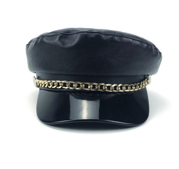 

new beret navy cap female cap european and american classic black leather hat gold chain rope, Blue;gray