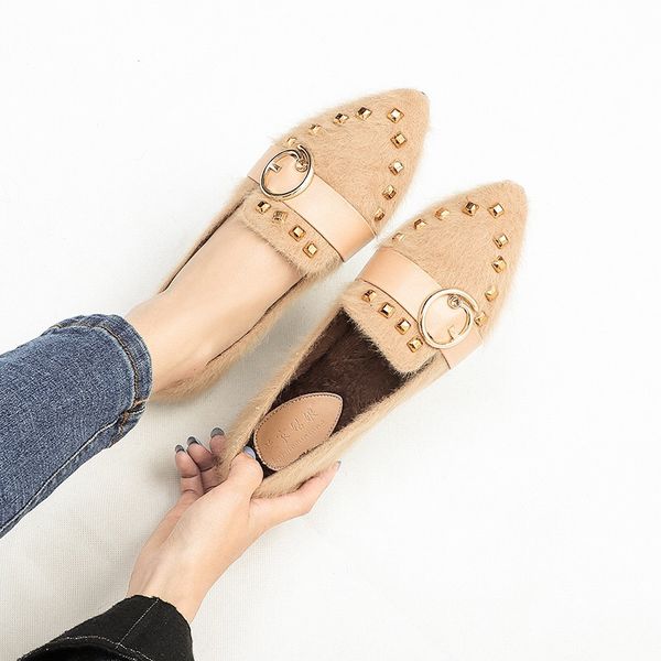 

rstudded casual women's shoes 2019 autumn and winter new plus velvet flat shoes women snow cotton boots fur, Black