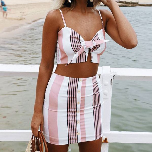

feitong summer clothes for women 2019 beach bow stripe vest skirts 2pcs set ensemble femme jupe haut #3.5, White