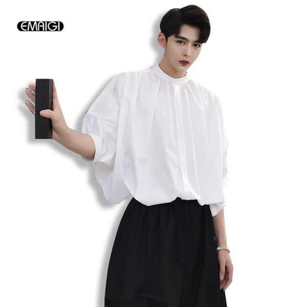

men summer curved hem stand collar casual loose short sleeve shirts male fashion solid color oversized dress shirts, White;black