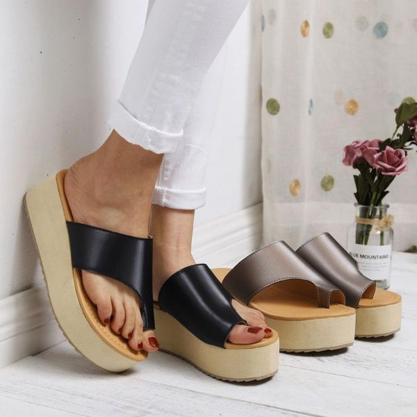 

pu slippers women open toe breathable beach sandals slip-on casual solid wedges shoes platform flat sole flip flops buty damskie, Black