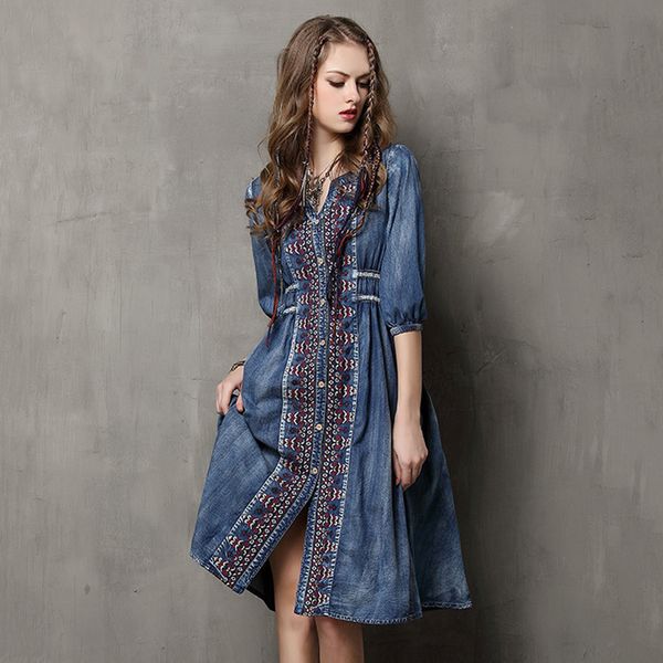 

casual dresses women's 2021 summer large plus size denim skirt national style embroidery drawstring long sleeve elegant boho dress, Black;gray