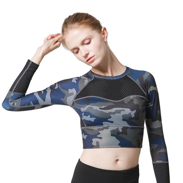 

yoga padded t-shirt long sleeve shirts patchwork gym camouflage black crop mesh fitness running sport t-shirts women, Black;blue
