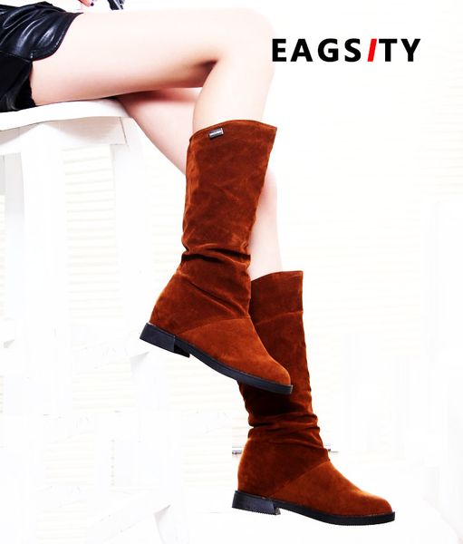 

eagsity faux suede knee high women snow winter boots slip on round toe ladies fashion short plush warmly lining block heel, Black