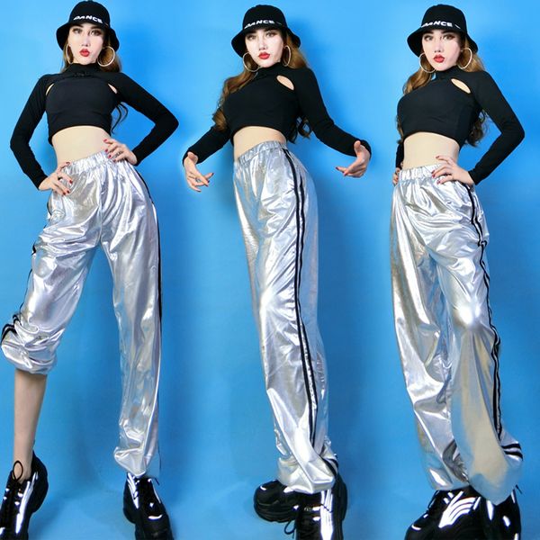 Hip Hop Dance Costumes Women Black Silver Pants Jazz Street