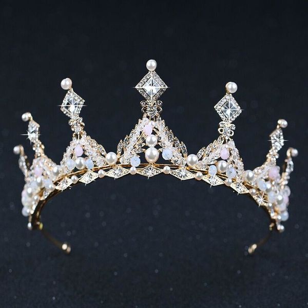 

new fashion women baroque crystal floral tiara headdress pearls rhinestone bride crown wedding bridal diadem hair accessories jl, Golden;white