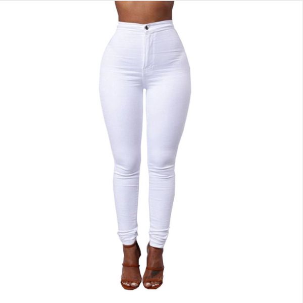 Comprimento total calças de algodão mulher regular branco preto cintura alta elastic faux jeans longas calças femininas casuais lápis pants s-xxxl mx190712