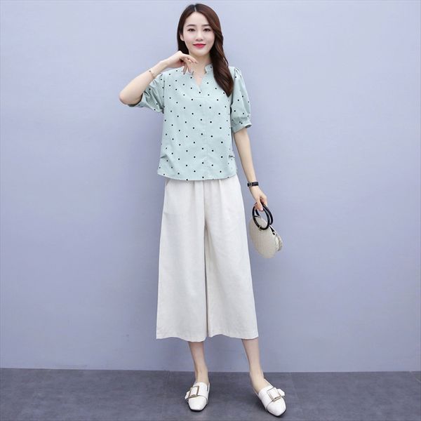 

2020 cotton and linen two-piece loose slim polka dot set wide leg pants suit + linen wide leg pants suit, White