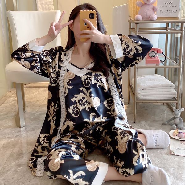 

3 шт женщины пижамы наборы с chest pad ремни кружева пижамы robe bride elegant пижамы слинга туалетный nightgown сна платье, Black;red