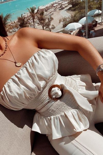 

womens clothing womens strapless camis designer peplum strapless camis natural color with sashes pleated panelled strapless camis, White