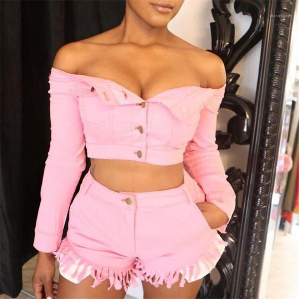 

slim 2 piece shorts button tassel solid color long sleeved fashion women tracksuits slash neck designer tracksuits women sexy, Gray
