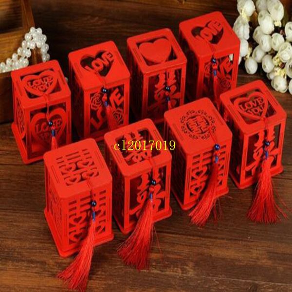 100 pcs De Madeira Chinês Duplo Felicidade Do Casamento Favor Caixa Caixas De Doces Caixa de Açúcar Vermelho Oco Chinês Com Borla