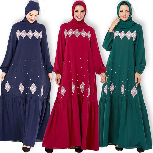 

dubai abaya muslim dress women pearl embroidery big swing arab long kimono turkey elbise uae islamic clothing party vestidos, Red