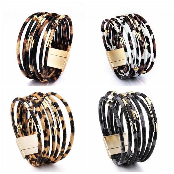 Braccialetto di cuoio del leopardo di modo per le donne Braccialetti di fascino di chiusura magnetica Braccialetti Regalo di gioielli del braccialetto dell'involucro multistrato elegante