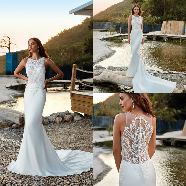 

2019 eddy k mermaid wedding dresses jewel neck lace appliqued button back lace beach wedding dress sweep train abiti da sposa bridal gowns, White