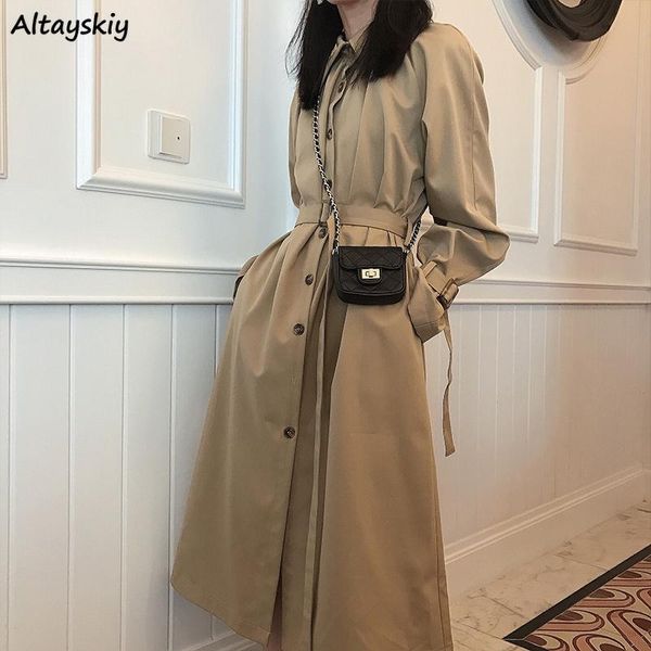 

long trench women khaki single breasted all-match sashes adjustable waist womens outwear elegant pockets vintage streetwear chic, Tan;black