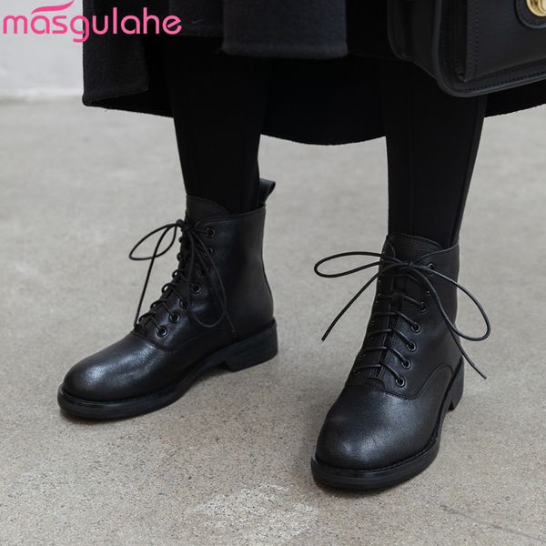 

masgulahe 2020 autumn winter new arrival round toe riding boots lace up shoes genuine leather boots fashion ladies ankle, Black
