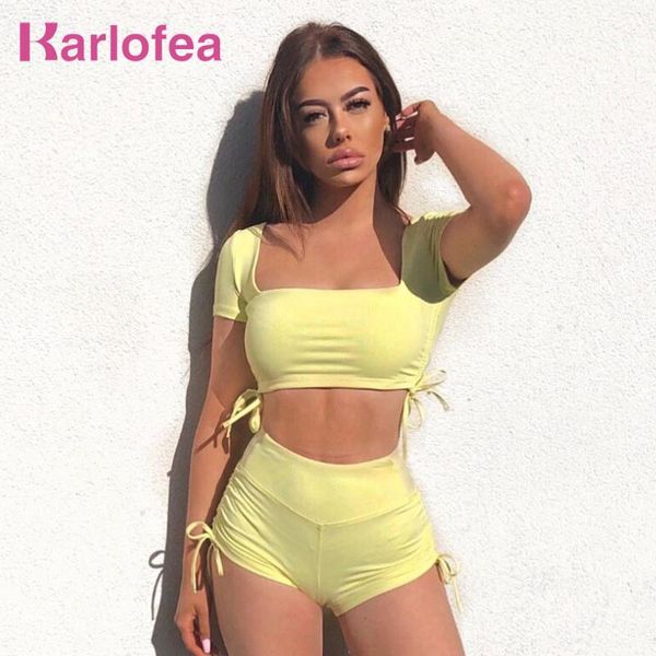 

karlofea female fitness matching suit 2 piece short sets fashion streetwear outfits summer casual crop tees new lounge wear sets, White