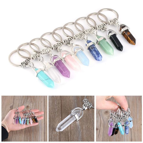 

1pcs vintage natural stone keychain natural quartz stone pendant key rings pink crystal key chains fashion accessories, Silver