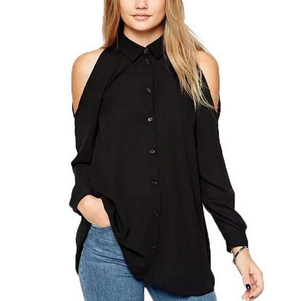 

womens plus size and blouses cold shoulder long sleeve blouse 2019 button down shirt women blusas femininas, White