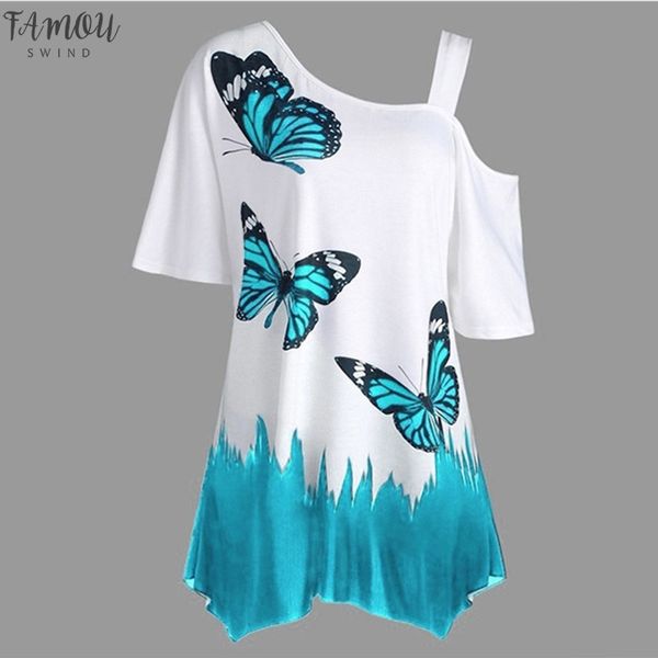 

summer blouses women butterfly printed tee one shoulder irregular female plus size loose tee short streetwear, White