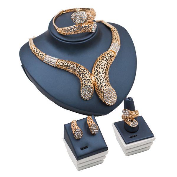 

luxury hollow flower pattern necklace sets 4 piece set chains rhinestone necklace earrings bracelet ring sets women jewelry gift, Silver