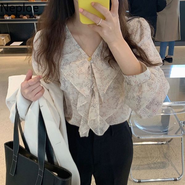 

neploe flower print blouse women spring 2020 chic v neck ruffles ladies shirts elegant chiffon long sleeve female 1a364, White
