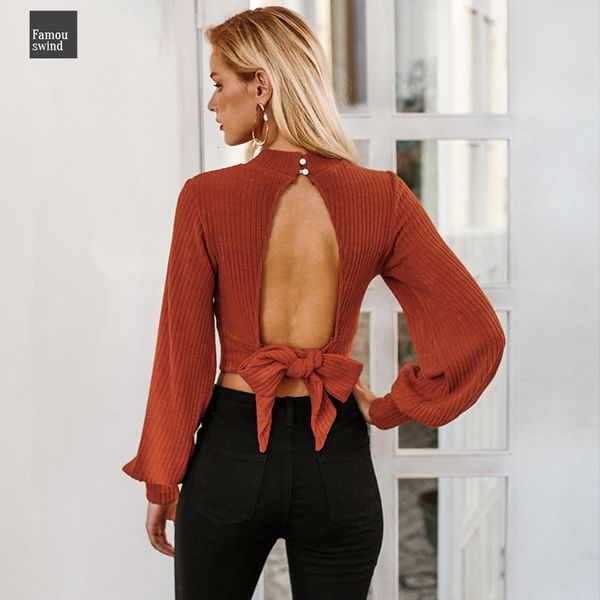 

sexy фонариков рукавом блузка crop tops женщины elegant backless bow tie топ осень мода повседневная бинты дамы, White
